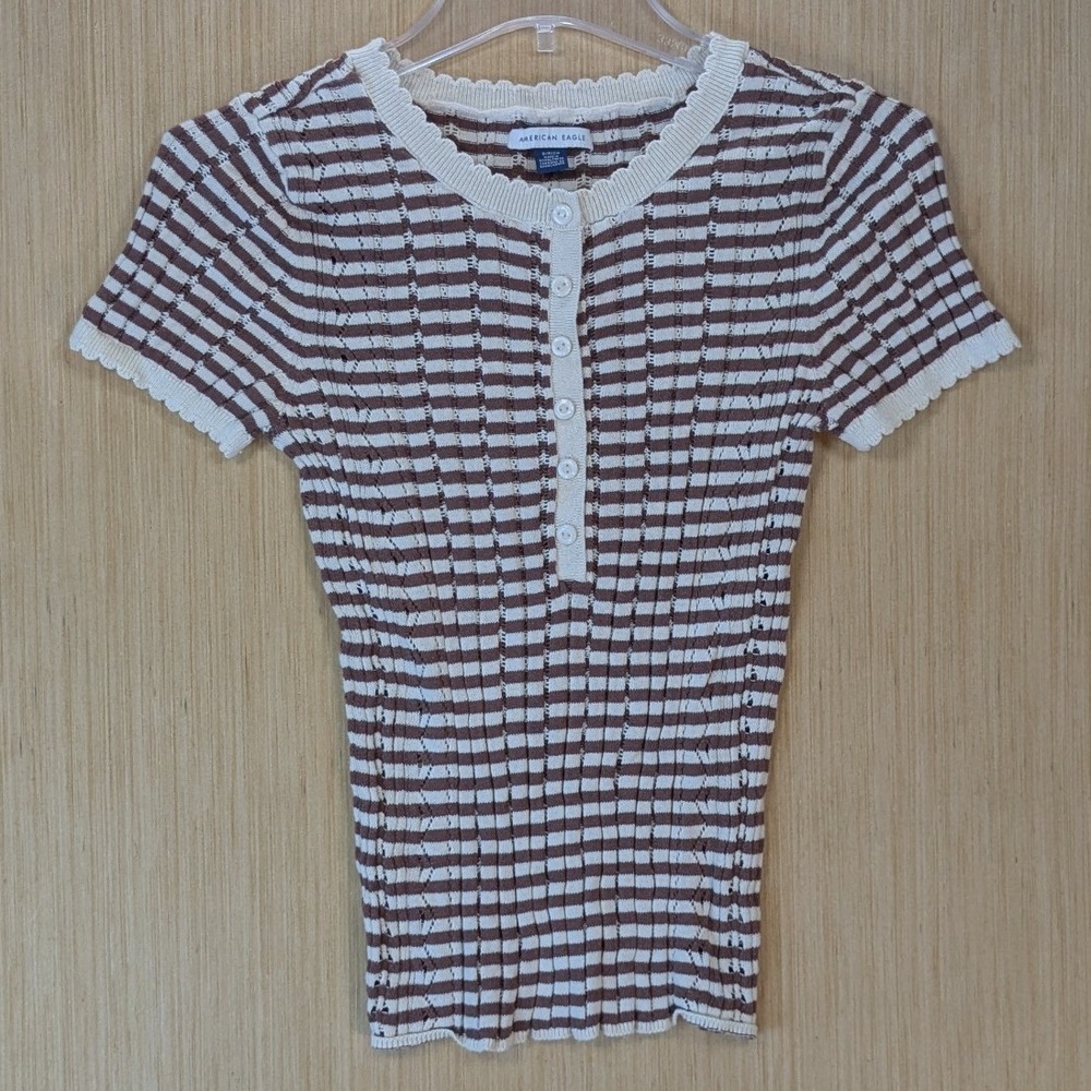 American Eagle Brown Boho Retro Striped Pointelle Henley Knit Top Scallop Small